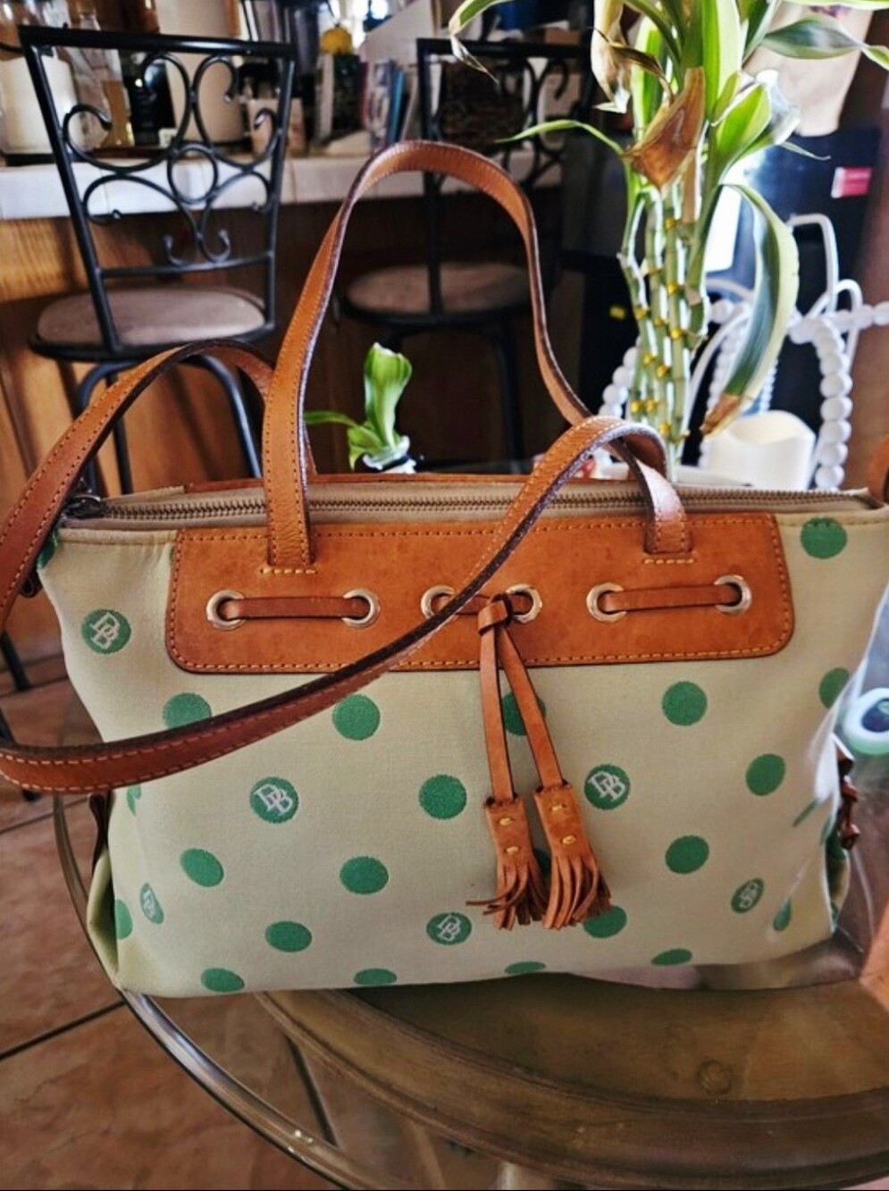 Dooney & Bourke Handbag with Green Polka Dots & Tan Leather